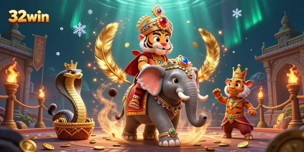 Experience the thrill of 32win casino with the maharaja tiger and jewel-encrusted elephant in an exciting gaming scene.