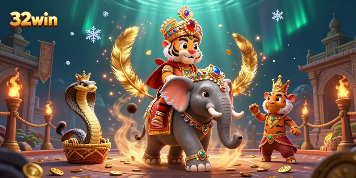 Experience the thrill of 32win casino with the maharaja tiger and jewel-encrusted elephant in an exciting gaming scene.