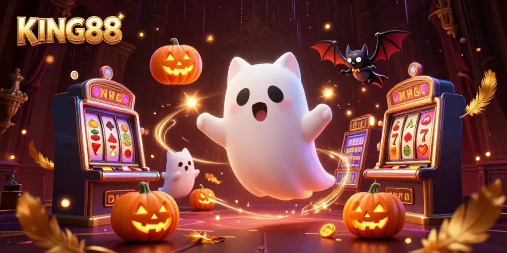 Experience KING88's thrilling casino scene featuring a ghost cat and slot reels.