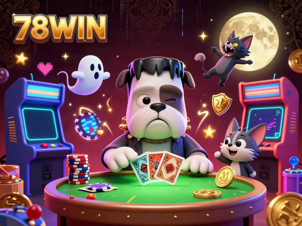 Engage with 78WIN's thrilling casino experience featuring vibrant 3D characters at a gaming table.