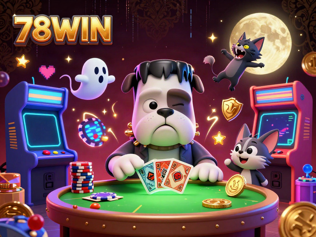 Engage with 78WIN's thrilling casino experience featuring vibrant 3D characters at a gaming table.