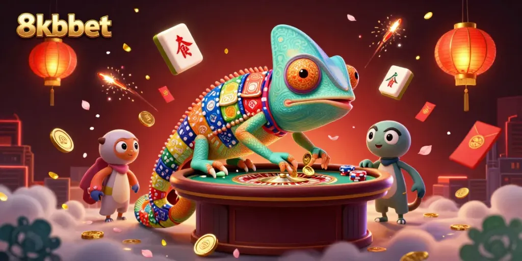 Experience the vibrant energy of 8xbet with a dynamic casino scene featuring a chameleon owner and casino elements.