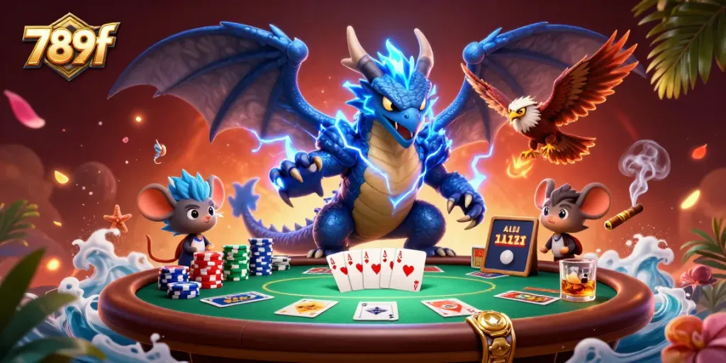 Experience thrilling poker at 789f with dynamic characters, colorful chips, and immersive casino elements.