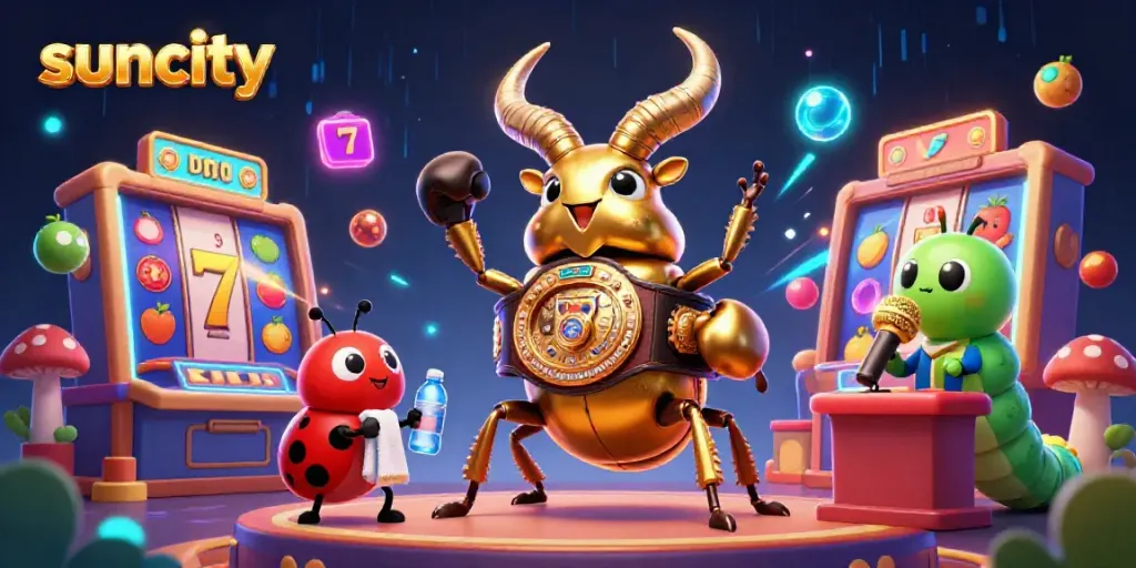 Suncity illustration showcasing a giant stag beetle in a champion belt amidst vibrant casino elements.