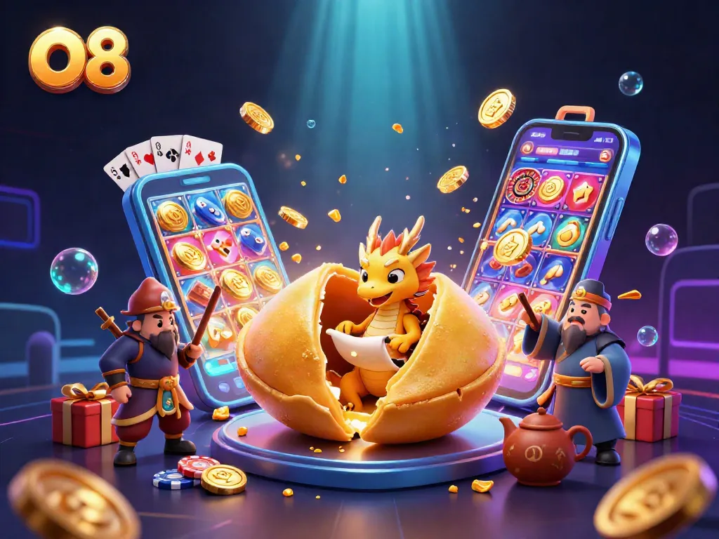 Unleash big wins at O8 with a vibrant 3D casino scene featuring immersive slot games and golden treasures.