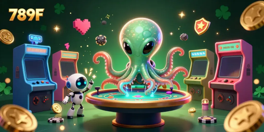 Join the excitement at 789F with an alien octopus playing holographic poker amidst vibrant casino elements.