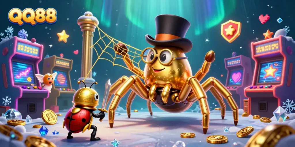 Engage with QQ88, a vibrant online casino scene featuring dynamic characters and colorful gaming elements.