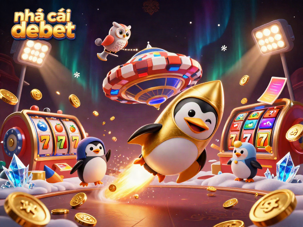 Experience the thrill at nhà cái debet with a 3D cartoon penguin and casino elements illuminated in a vibrant scene.