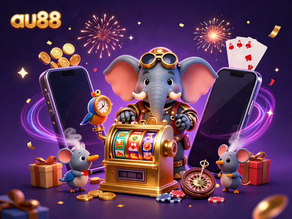 Experience vibrant gaming energy with au88 featuring playful steampunk characters and casino elements.