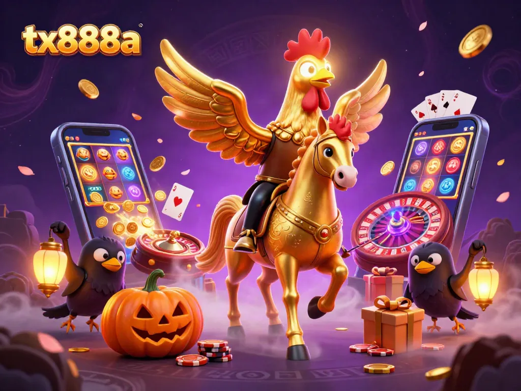 Experience the excitement at tx888a with a golden rooster in a vibrant casino scene.