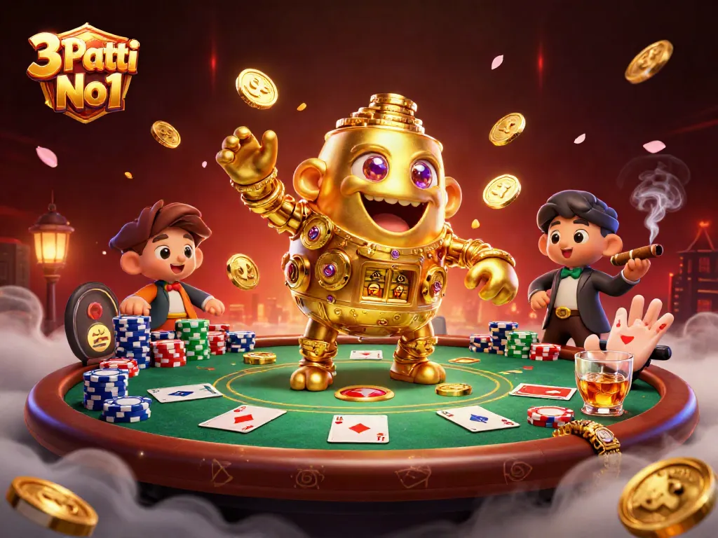 3 Patti No1 players enjoying Poker with golden golem and colorful chips in a vibrant casino scene
