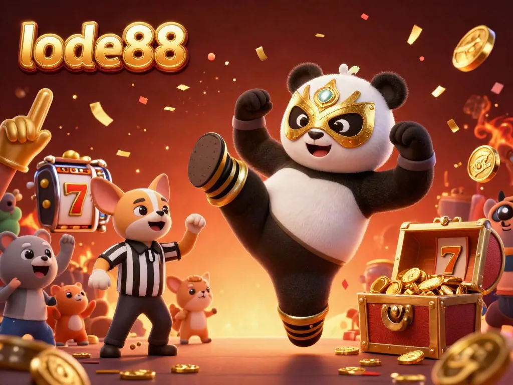Lode88 brings thrills with animated casino action featuring a panda wrestler and vibrant gaming elements.