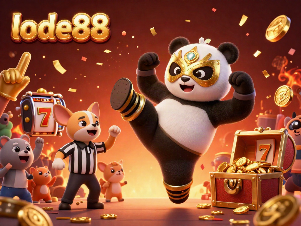 Lode88 brings thrills with animated casino action featuring a panda wrestler and vibrant gaming elements.