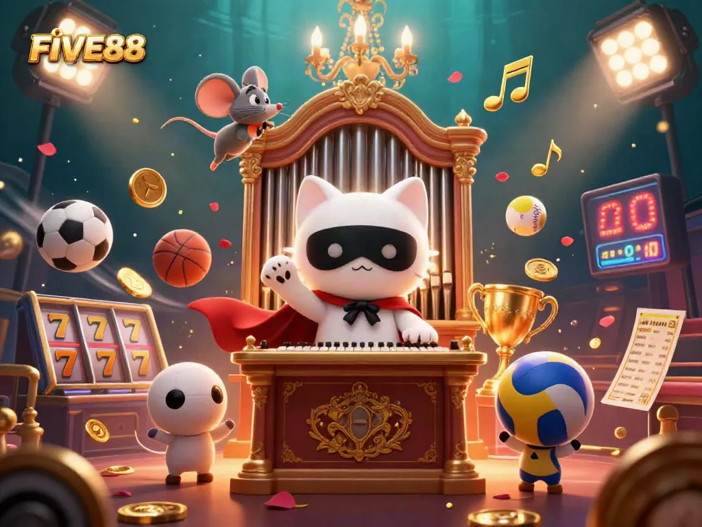 Engage with FIVE88's thrilling atmosphere featuring a charming phantom cat, exciting gaming elements, and vibrant action.