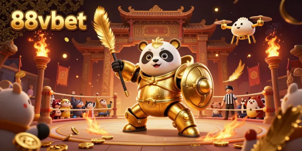 Engage with 88vbet's thrilling gaming universe, showcasing the golden panda mech suit in a vibrant, animated arena.