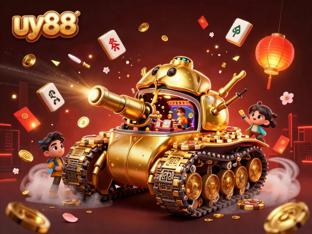 Engage in vibrant gameplay at uy88, showcasing a golden beetle tank casino with confetti and festive decorations.