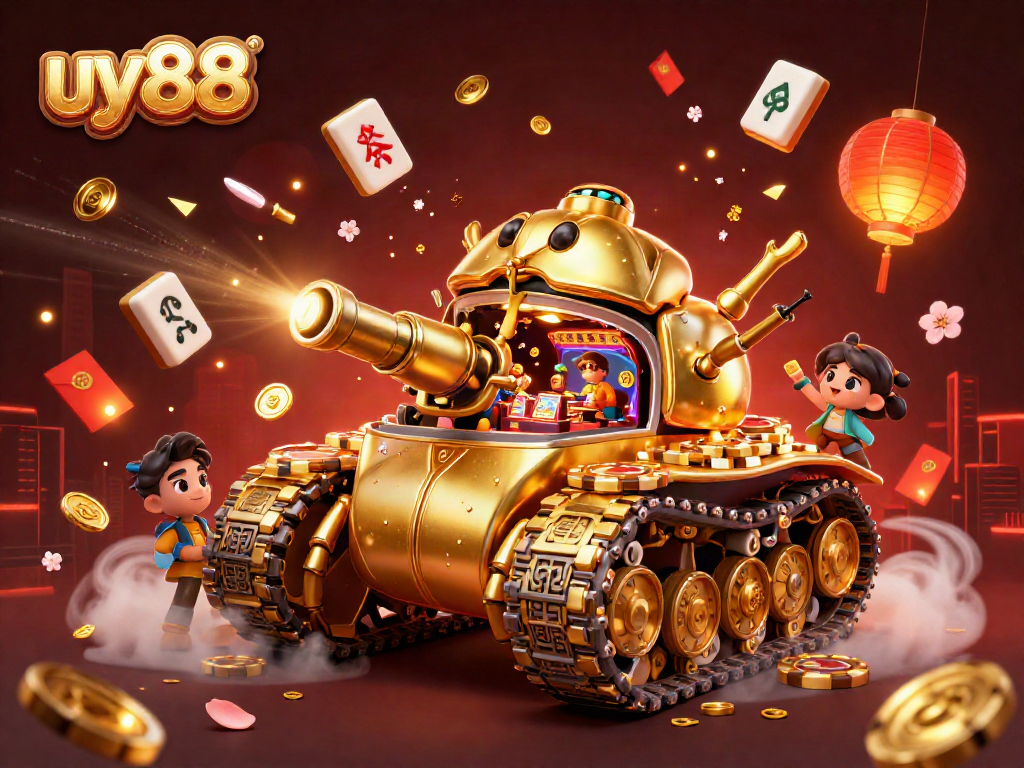 Engage in vibrant gameplay at uy88, showcasing a golden beetle tank casino with confetti and festive decorations.