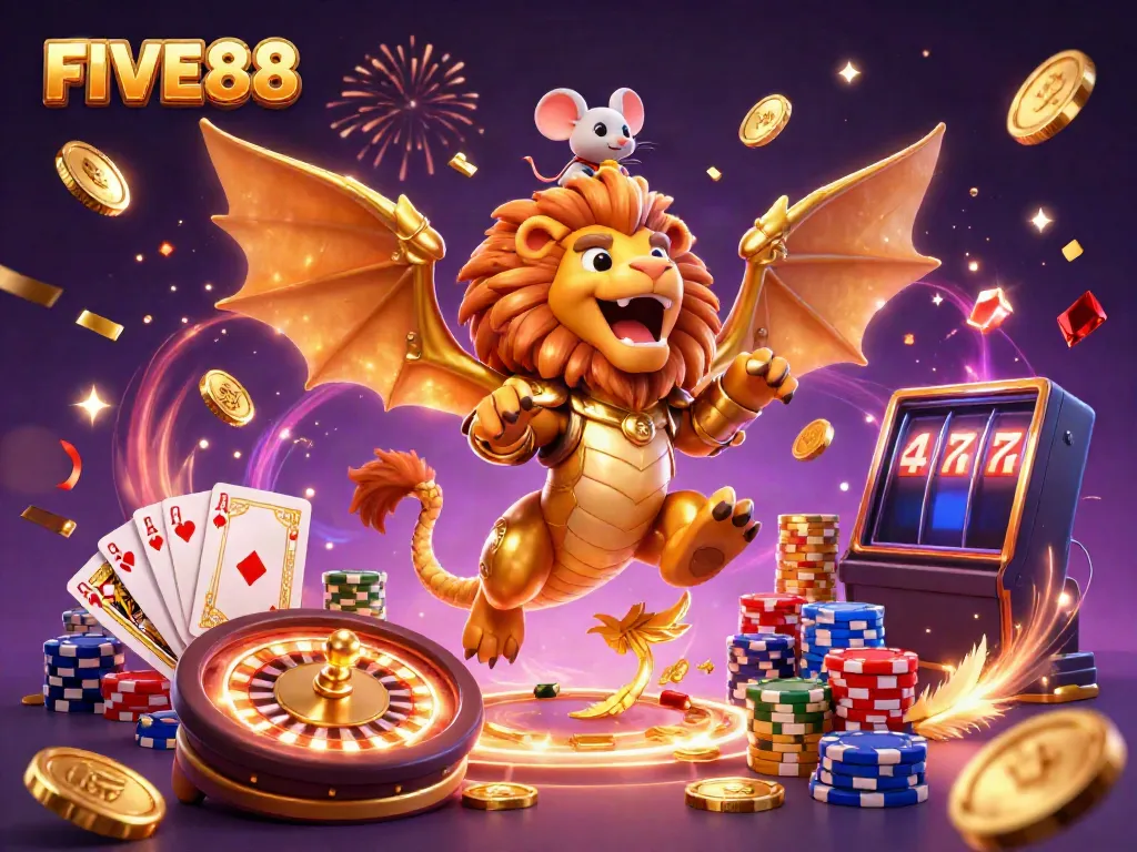 Experience the excitement of FIVE88 with a roaring chimera and vibrant casino elements.