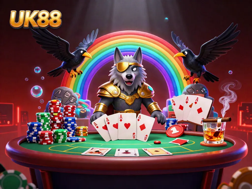 Experience the thrill of UK88 with a vibrant 3D scene of a Norse wolf and ravens among poker and casino elements.