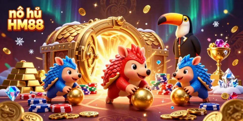 Nổ hũ HM88 with rival pangolins in a vibrant 3D casino scene, showcasing jackpots and treasure.