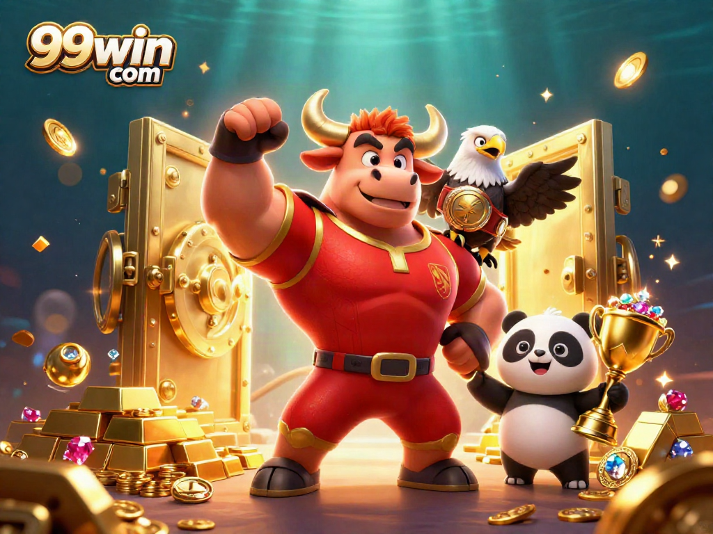 Experience wins at 99win com with a dynamic casino scene featuring lively mascots and treasures.