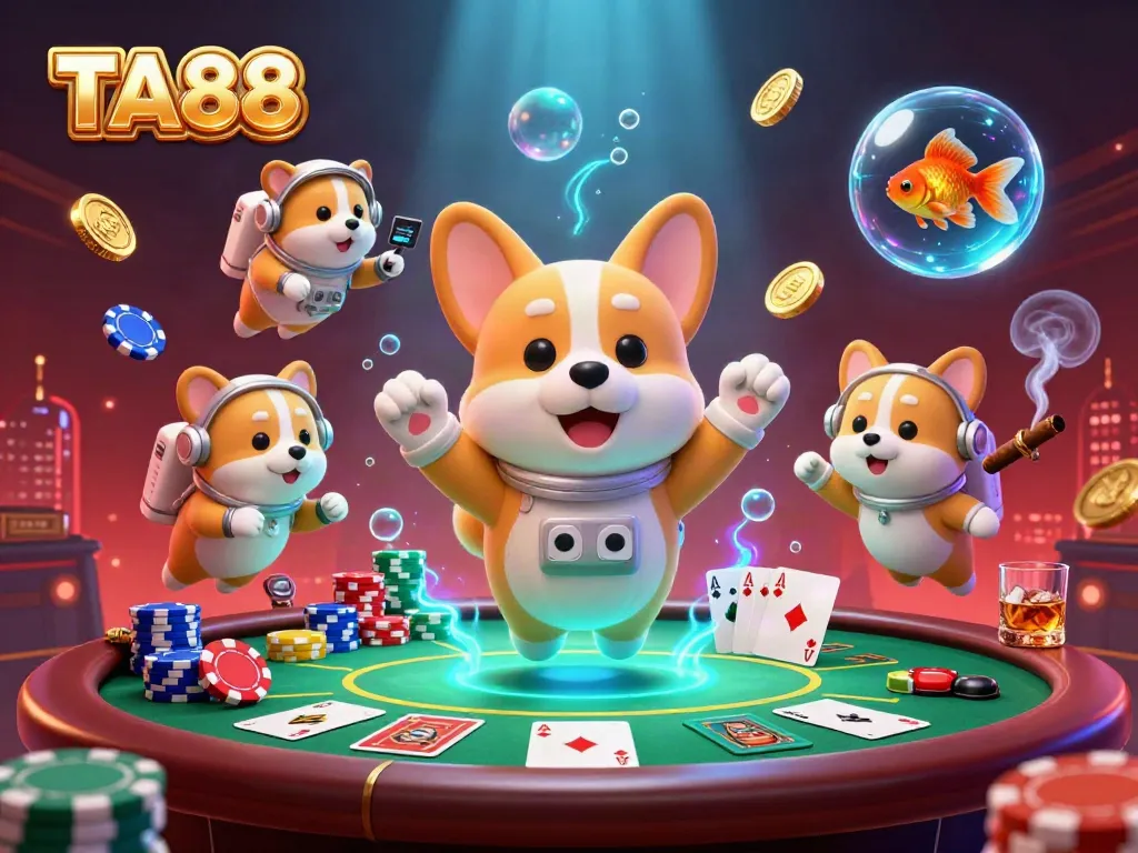 Experience thrilling games at TA88 casino with astronauts and imaginative characters in a dynamic scene.