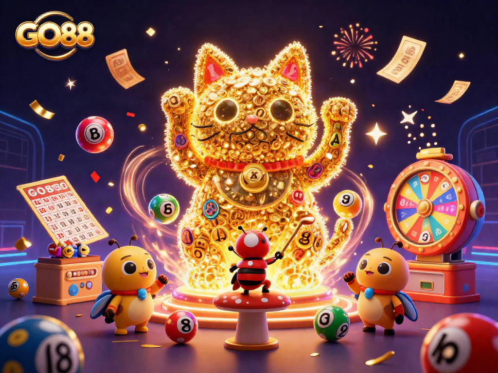 Engage with GO88's vibrant gaming world featuring a lucky cat and dazzling casino elements.