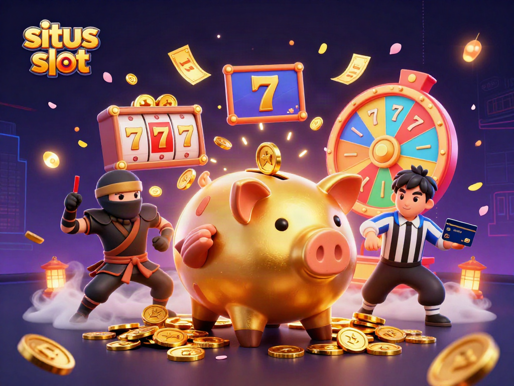 Situs slot illustration showcasing a golden piggy bank sumo wrestler and dynamic casino game elements.