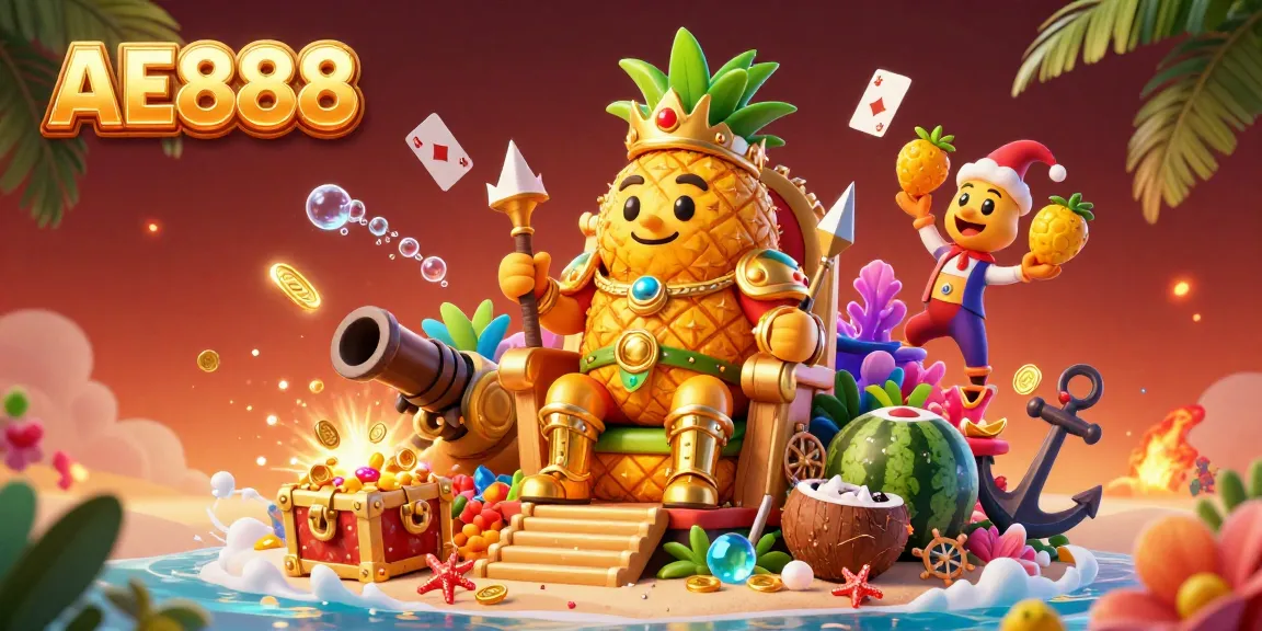 Experience the thrill of AE888 with our vibrant 3D casino scene featuring a golden pineapple king and dynamic gaming elements.