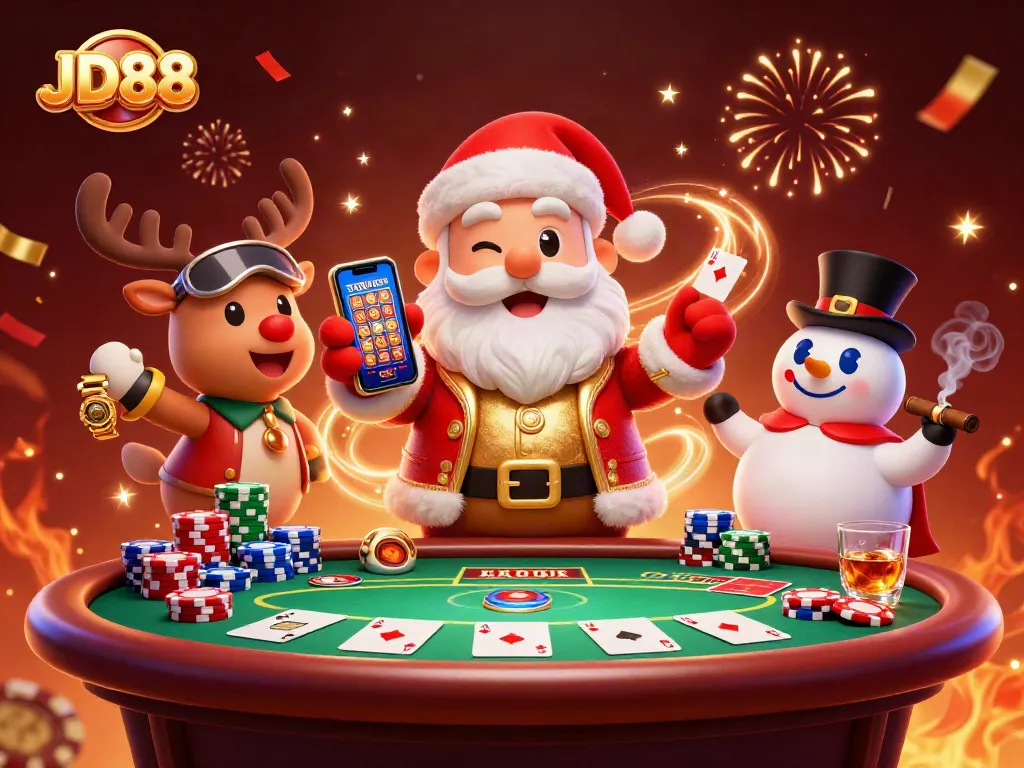 Experience big winnings at JD88 with Santa, poker chips, and festive casino fun!