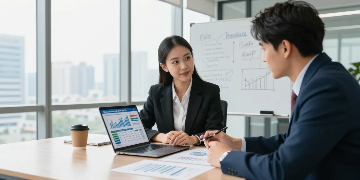 Professionals using a merchant cash advance calculator to discuss financing options in a modern office.
