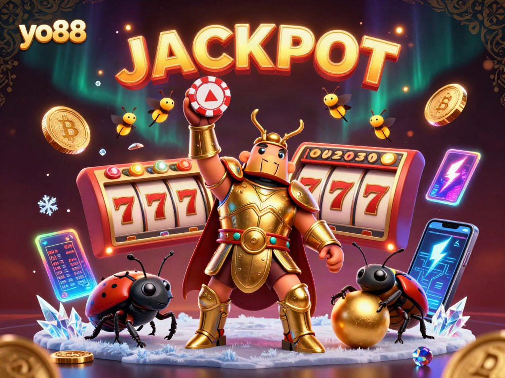 Experience thrilling wins at yo88 with a cartoon beetle celebrating a jackpot moment in a vibrant casino scene.