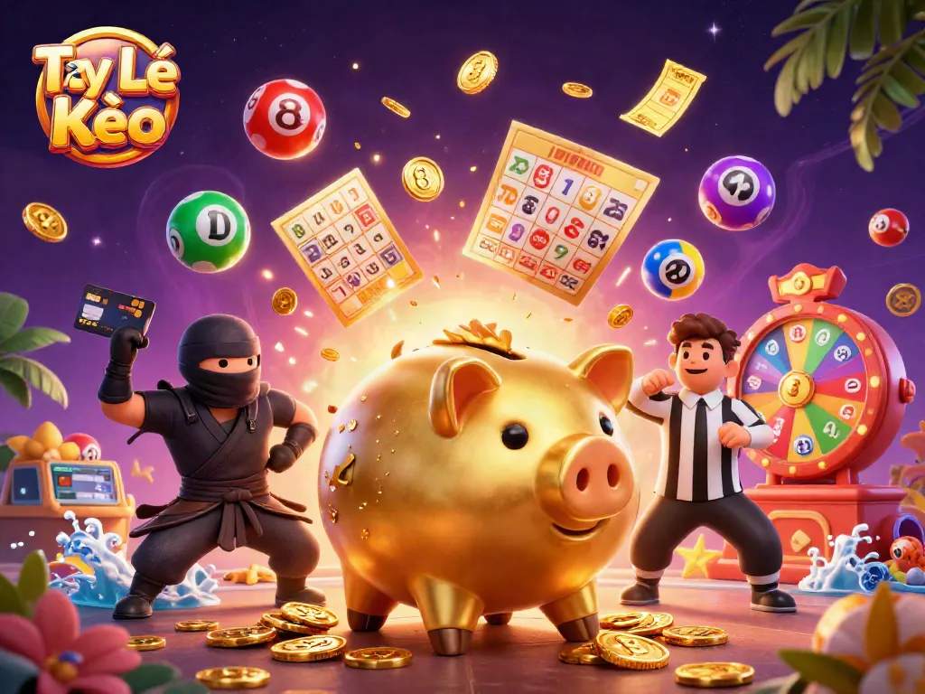 Engaging setup depicting Tỷ Lệ Kèo with a golden piggy bank sumo wrestler in a vibrant gambling scene.