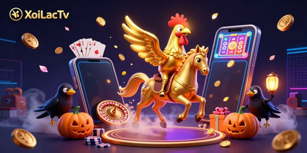 XoiLacTv presides over a vibrant scene featuring a golden rooster, slot games, and casino elements.
