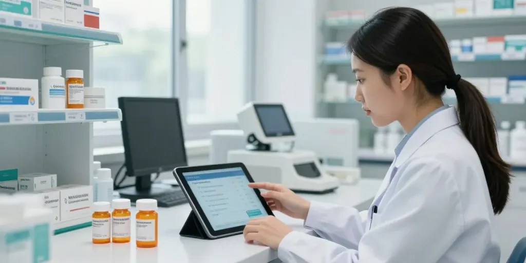 Pharmacist checking registered medicines for Moh license requirements in modern pharmacy.