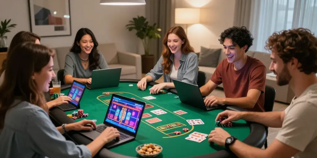Friends enjoying online games at home showcasing the thrill of american online casinos