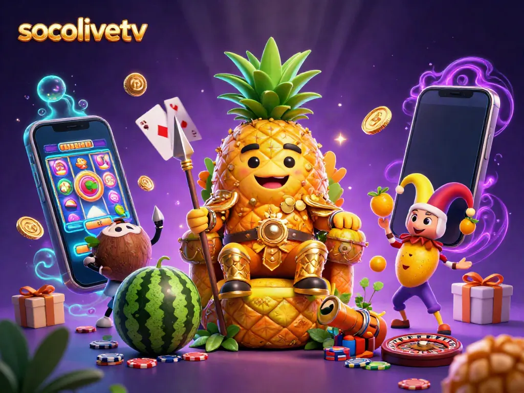 Socolivetv provides a vibrant gambling experience with a golden pineapple king and dynamic casino elements.