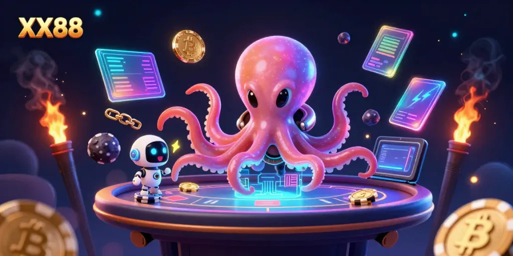 Experience fast-paced poker action with XX88 featuring an alien octopus and vibrant holographic elements.