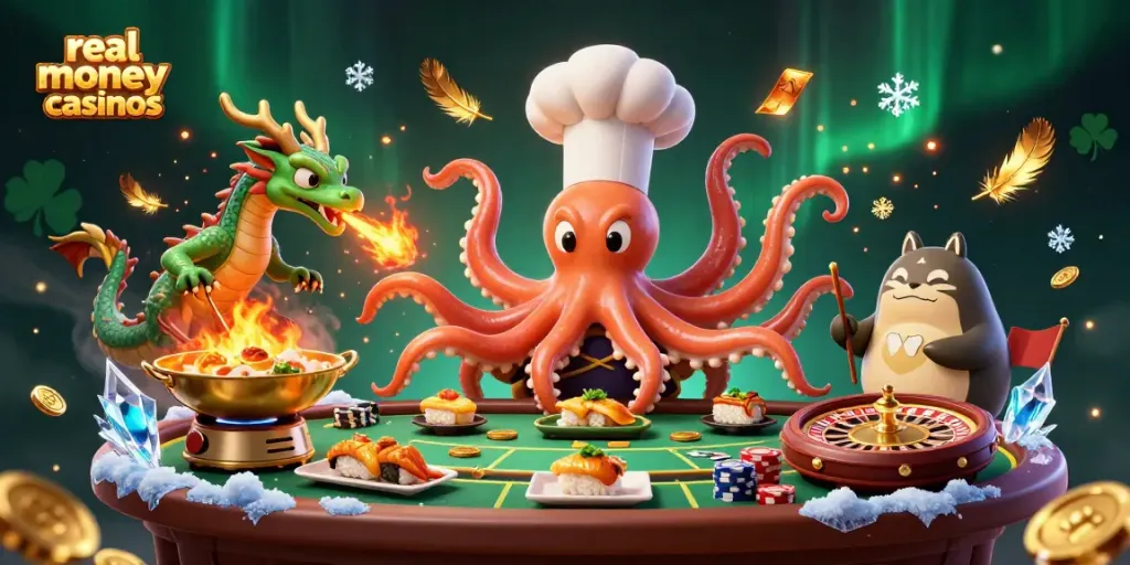 Engage in real money casinos with a vibrant 3D scene showcasing an octopus chef, a dragon, and a tanuki amid casino elements.
