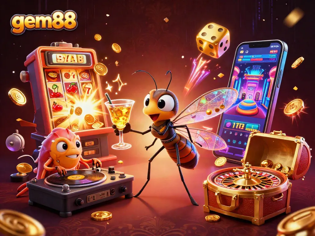 Experience the excitement of gem88 with a 3D vibrant casino scene featuring a lively mascot and jackpot effects.