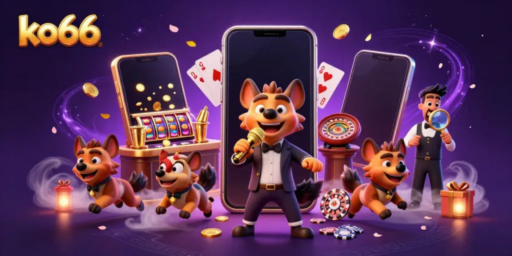 Engaging casino scene with ko66 hyenas entertaining, filled with slot games, vibrant details.