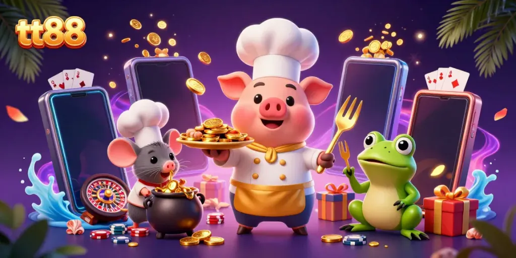 Experience the excitement of tt88 with a vibrant 3D scene of a chef pig serving gold coins amidst colorful slot games and casino elements.