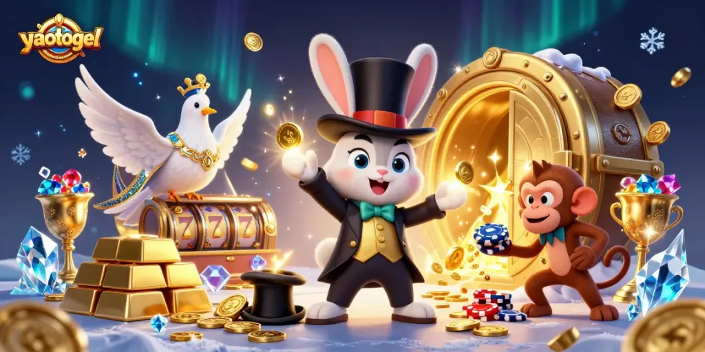Engaging illustration showcasing yaotogel with a magician rabbit and poker elements, perfect for casino enthusiasts.
