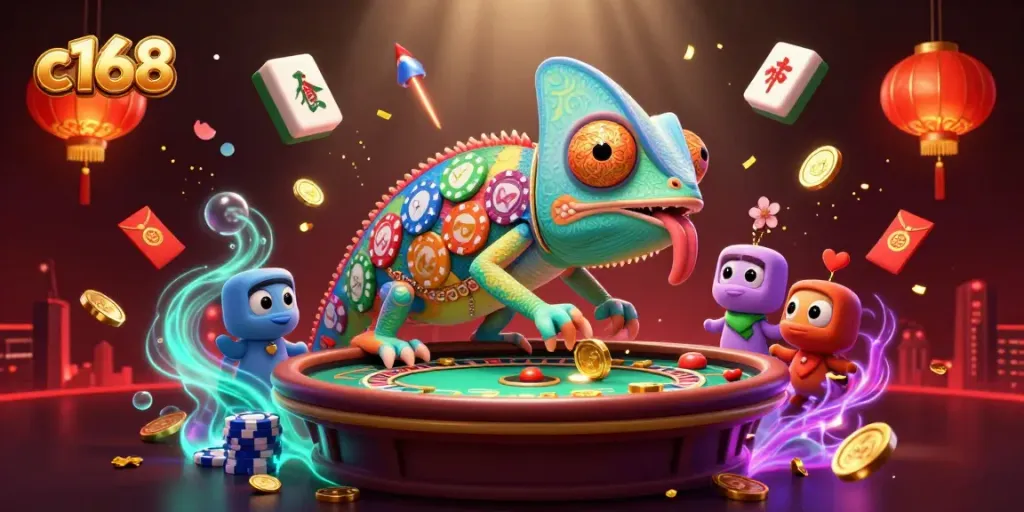Experience the vibrant c168 casino scene featuring a chameleon owner amidst lively game elements.
