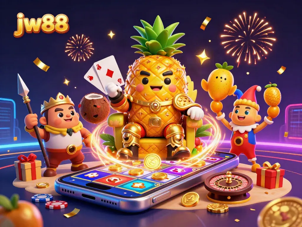 Experience thrilling jackpot action with jw88 as a golden pineapple king rules a vibrant beach casino.