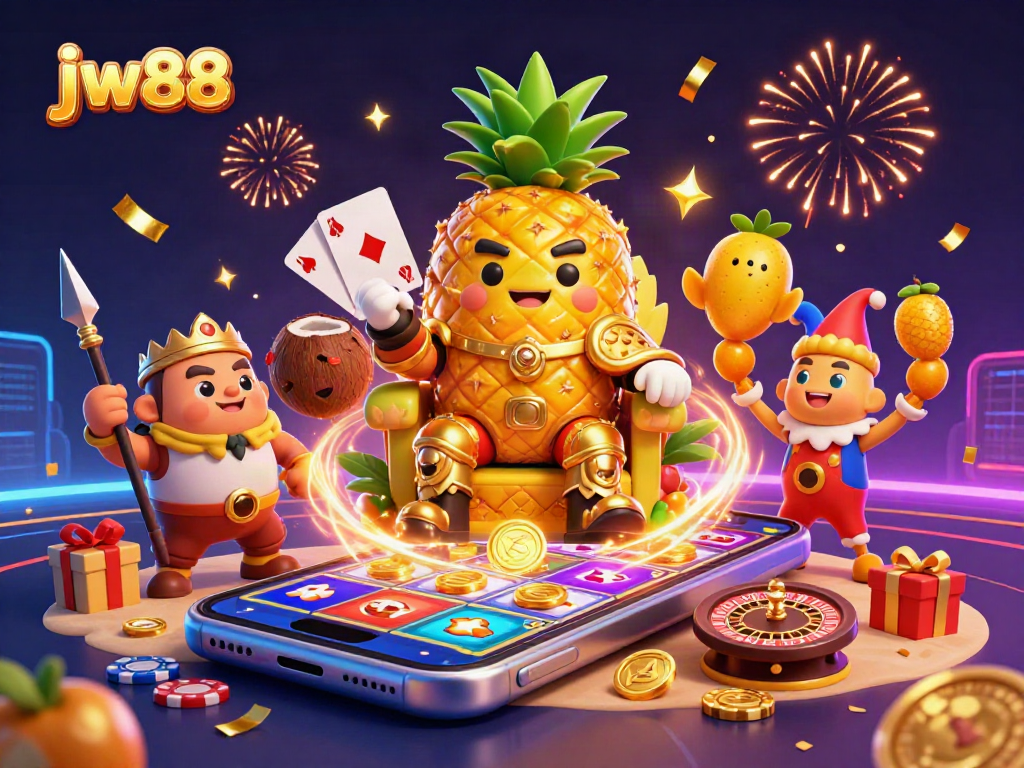 Experience thrilling jackpot action with jw88 as a golden pineapple king rules a vibrant beach casino.
