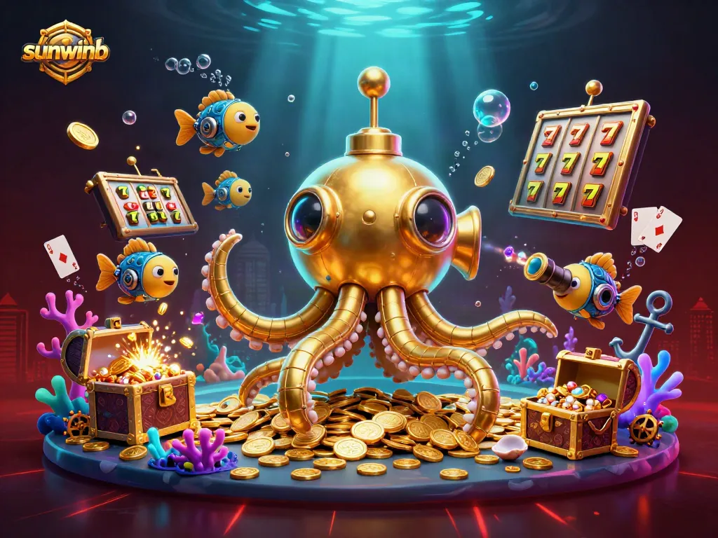 Experience the thrill of sunwinb as a golden kraken submarine reveals treasures in this casino scene.