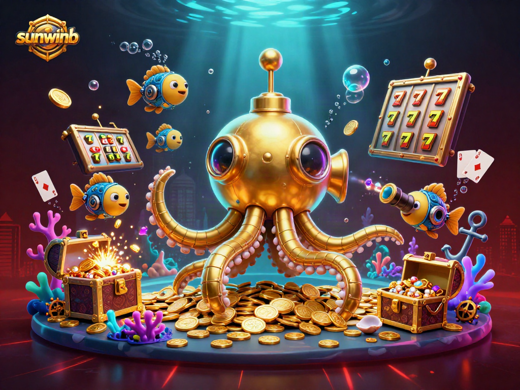 Experience the thrill of sunwinb as a golden kraken submarine reveals treasures in this casino scene.