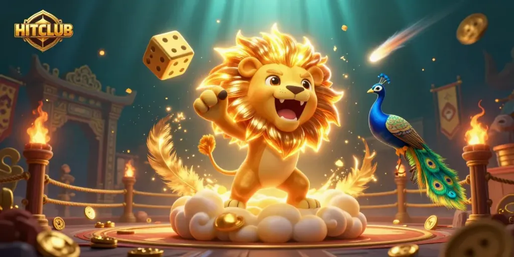 Join HITCLUB as the roaring sun lion emerges amid glimmering casino elements, offering a thrilling gaming experience.