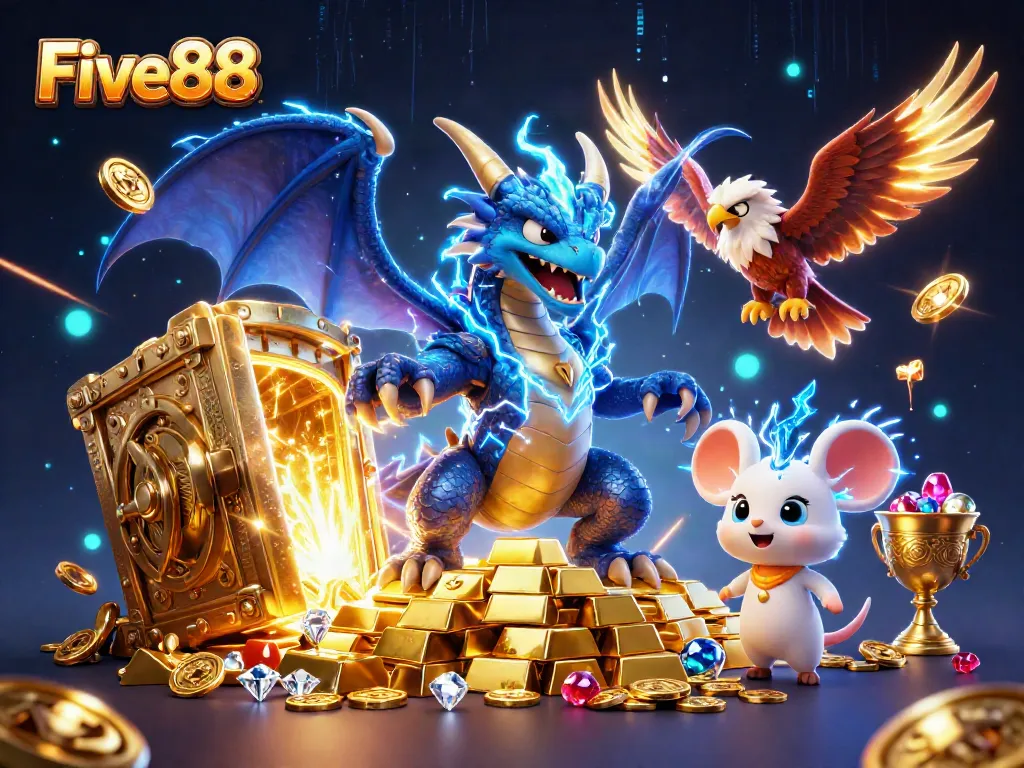 Experience excitement at Five88 with a colorful gaming scene, featuring dazzling elements and characters.
